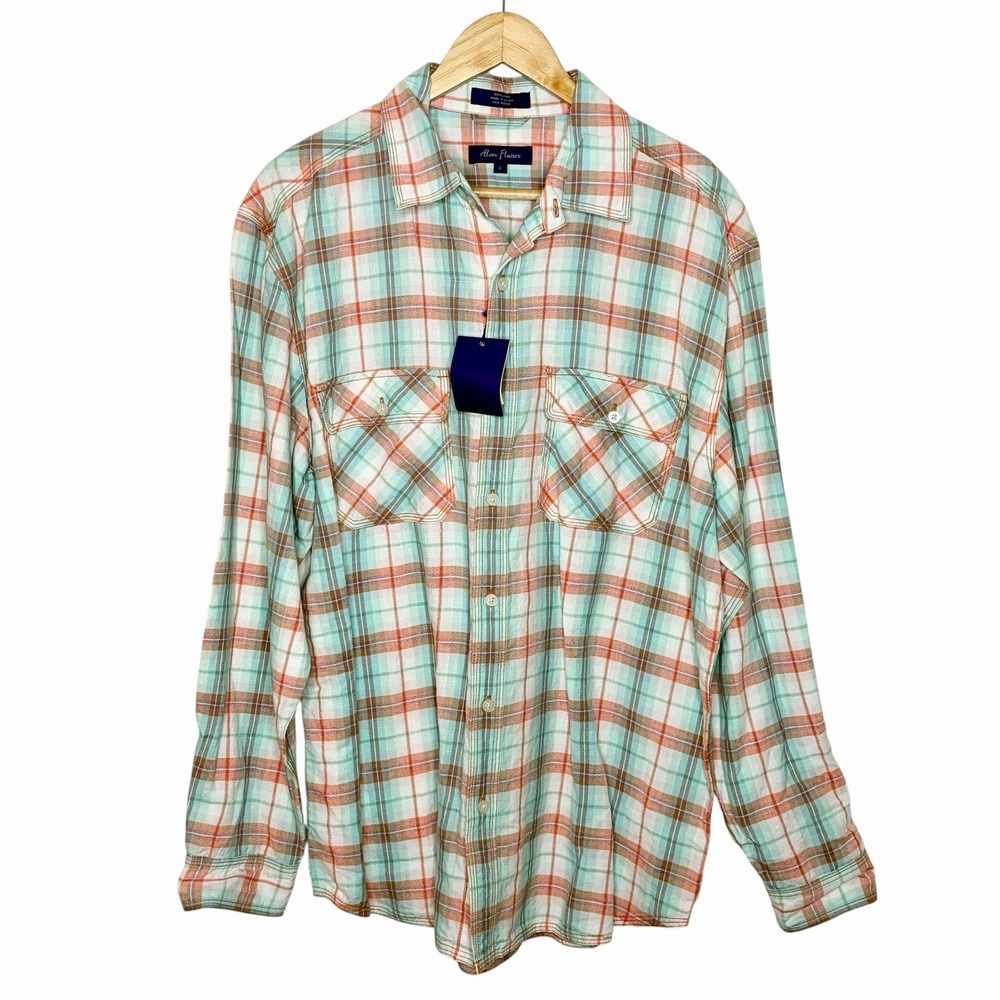 Alan Flusser Linen Plaid Button Up Long Sleeve Shirt Mens Size L Teal Red Multi